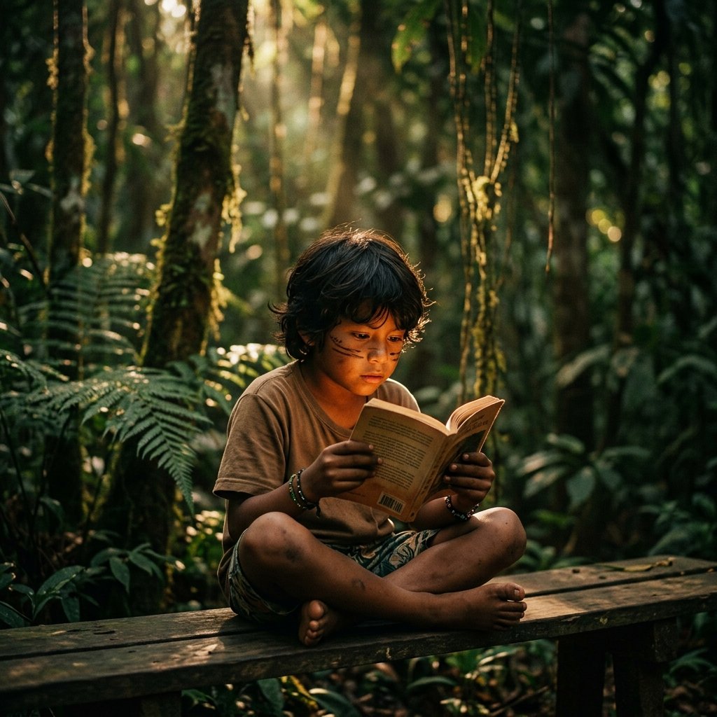 Criança lendo na Amazônia